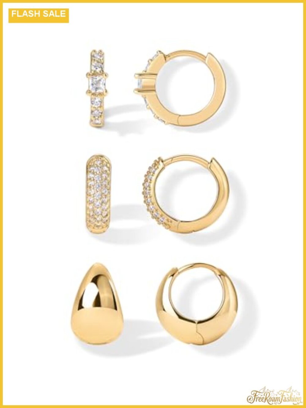 18K Gold Plated Huggie Hoop Earrings Set of 3 for Women CZ Pave Push Back